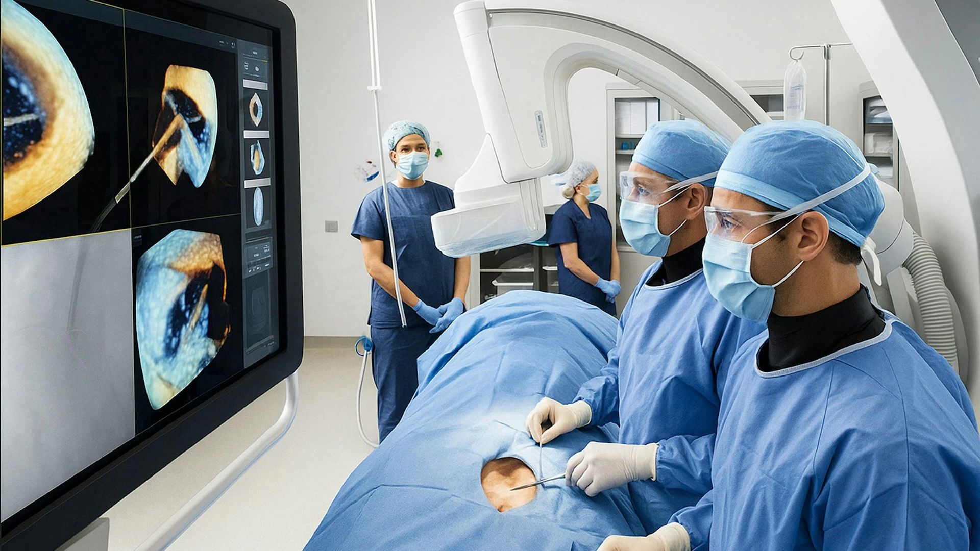 Surgeons in blue scrubs operate on a patient with monitors displaying medical data